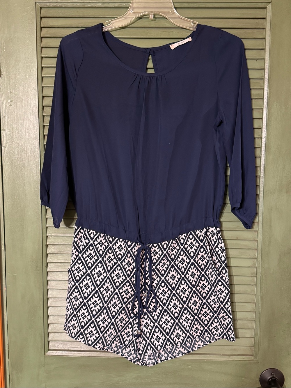 Navy Patterned Waist-Tie Tunic Romper by Ezra